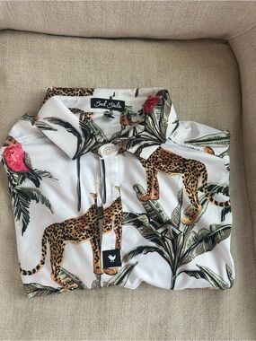 Bad Birdie White Button-Up Shirt with Leopard & Tropical Print